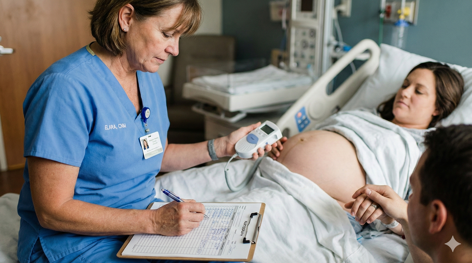 Midwife monitoring labour using partograph
